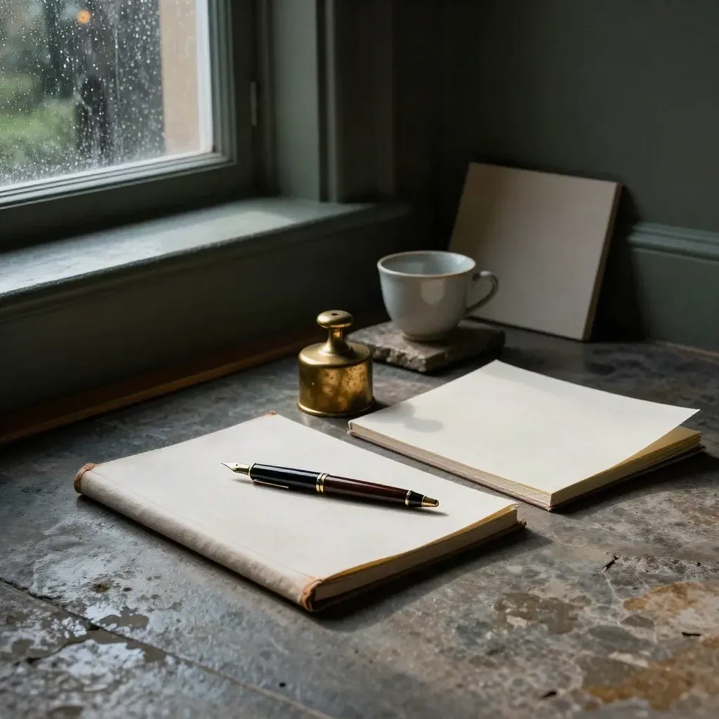 Georgian consulting still life with folio, pen, brass weight and cup in moody window light