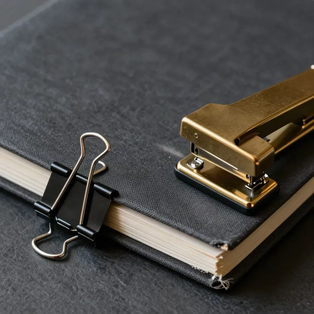 Project folio, binder clips, tape-bound notebook and brass stapler on dark slate.