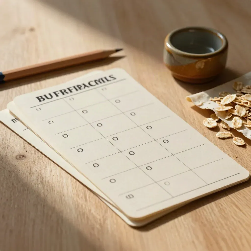 Top-down planning cards with pencil and paperweight on pale timber in warm side light.