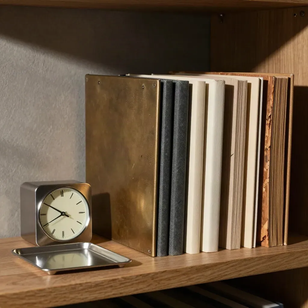 Bound folders, small clock and clipped tray on a shelf in dramatic side light.