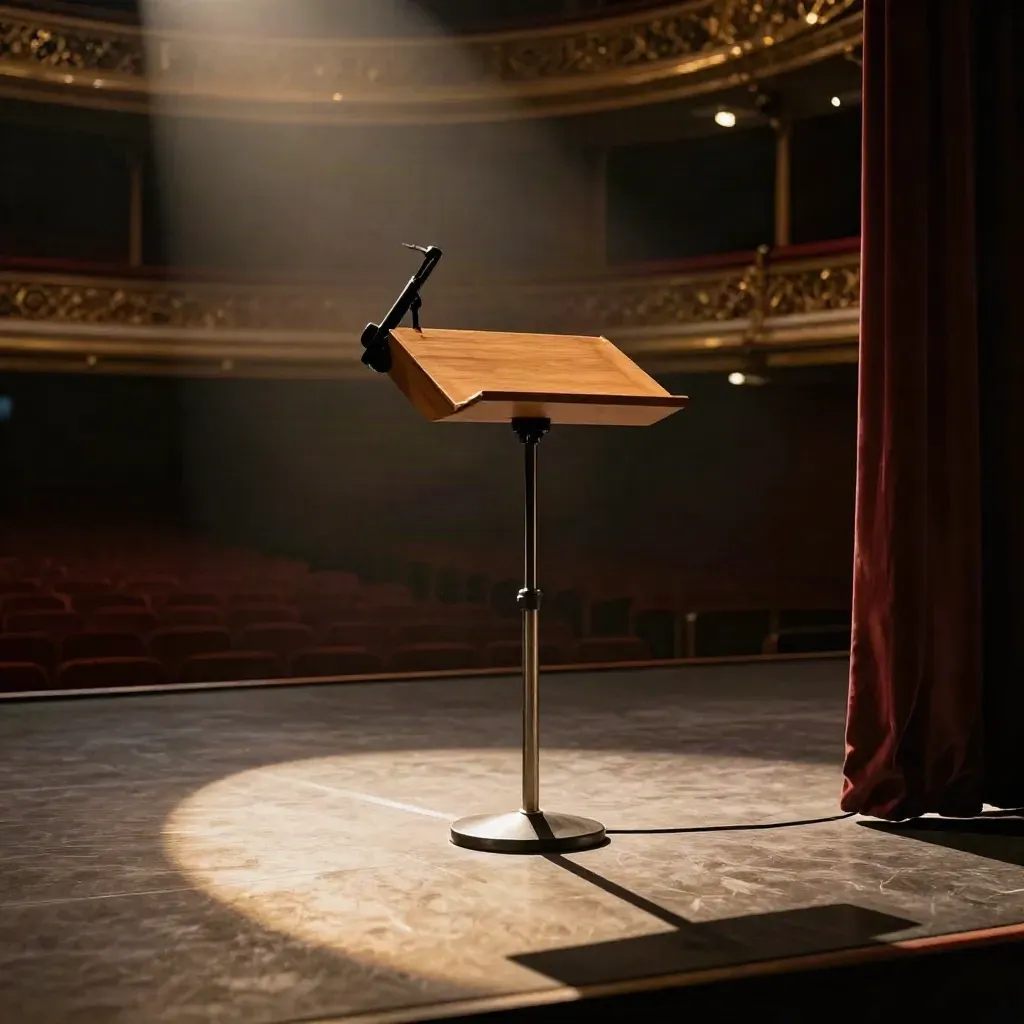 Empty lectern, microphone stand, and stage monitor under warm theatre light and haze.