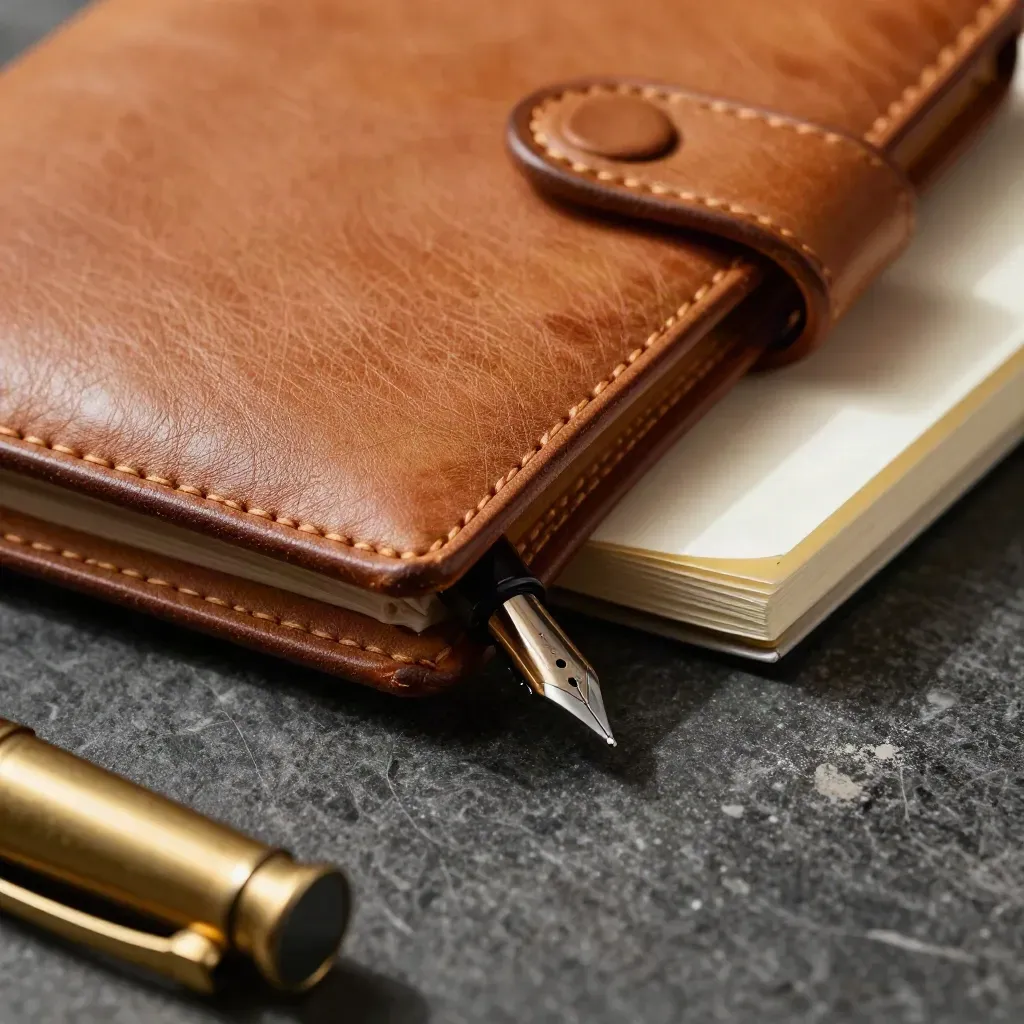 Macro still life of leather folio, pen nib, brass weight and cream notebook on dark stone.