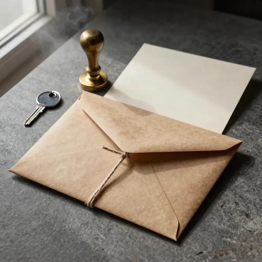 Top-down still life of a sealed kraft envelope, folio, brass stamp and keyring on stone.