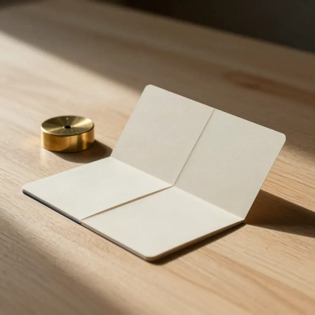 Brass paperweight with neutral cards and a folded timeline strip on pale timber.