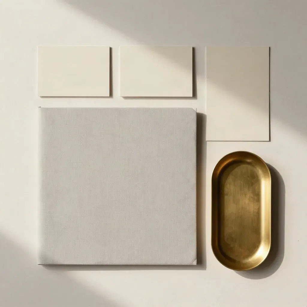 Divider cards, closed folder and brass tray on pale plaster in soft side light.