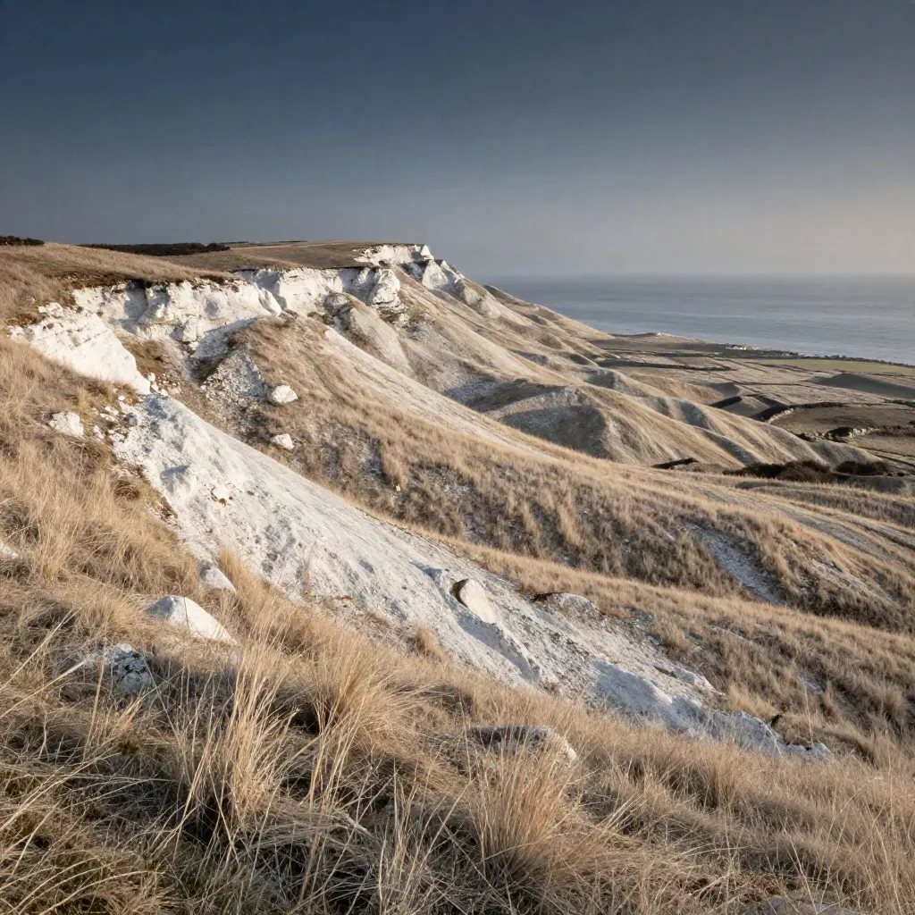 Chalk downland rolling to a pale sea horizon at golden hour with sea mist and a distant headland.
