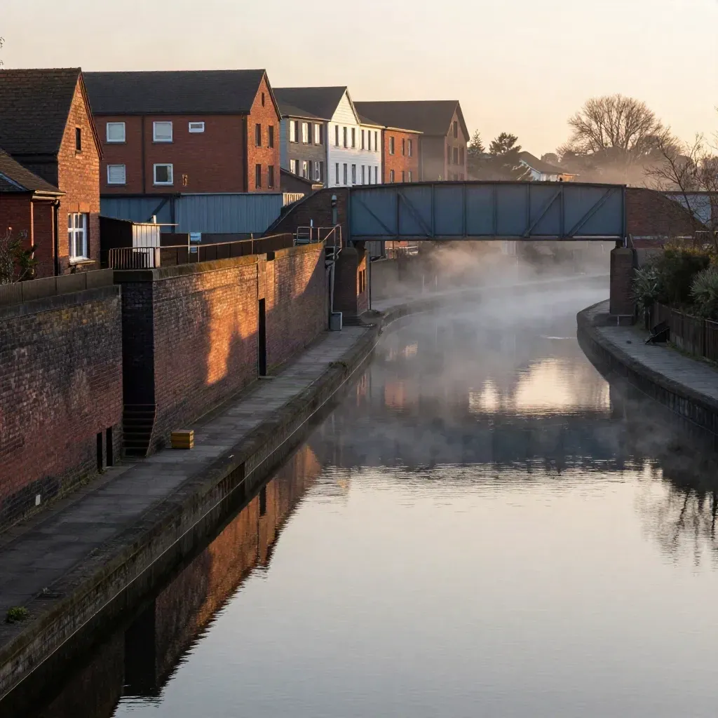 Foggy West Midlands canal basin with brick quays and steel bridges at dawn