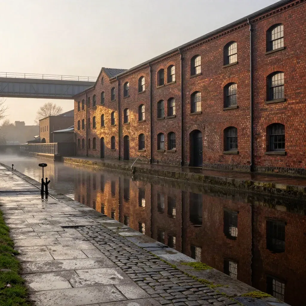 Dawn over red-brick Manchester canal warehouses and a viaduct above calm reflective water.